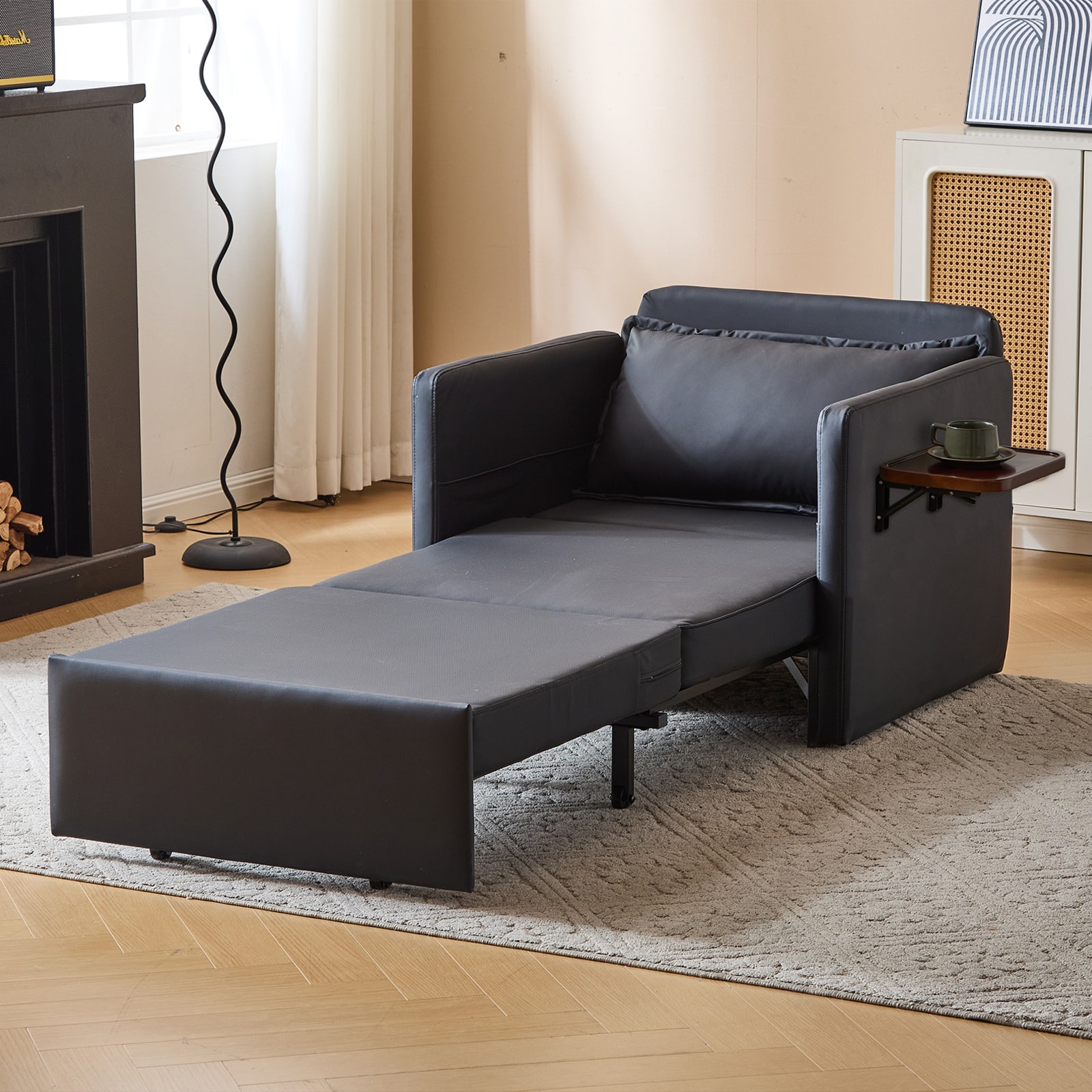 Sleeper Chair Bed, 3-in-1 Convertible Sofa Bed Pull-out Sofa Bed, Convenient Folding Tray Table With USB And Type-C Charging Ports,BLACK,Leather_voghion.com